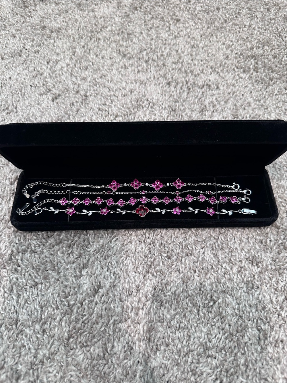 Silver ruby/hot pink clover/flower bracelet stack